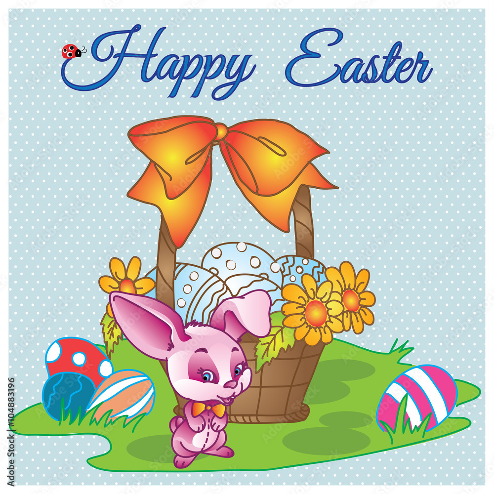 Obraz premium Hand drawn Happy easter vector pastel card with mysterious rabbit gentleman with bow and basket with eggs on meadow