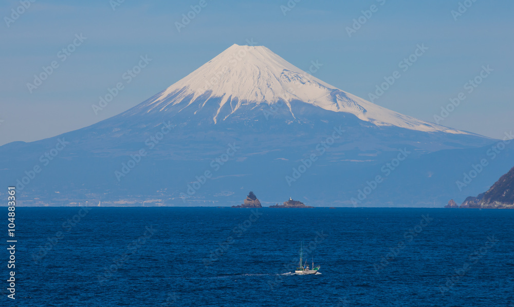 Mountain Fuji and sea from Izu city Shizuoka prefecture , Japan .