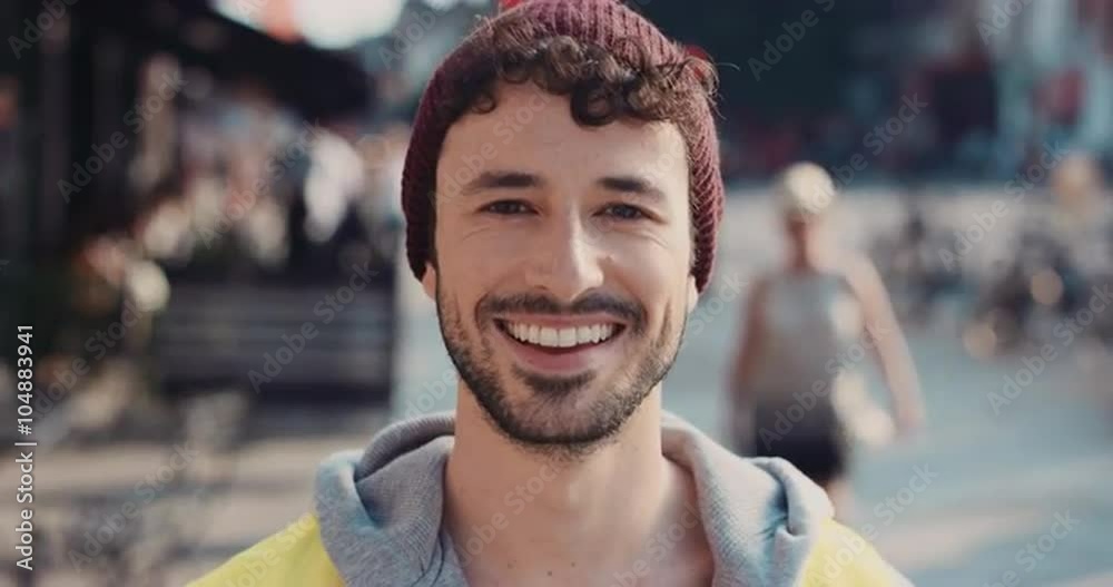 Slow Motion Portrait of happy cute caucasian man smiling