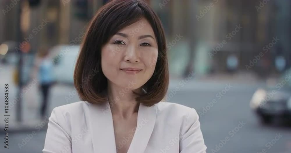 Slow Motion Portrait of beautiful Japanese businesswoman smiling