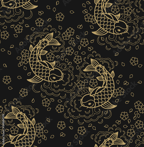 Fish pattern. Vector line seamless koi fish backround