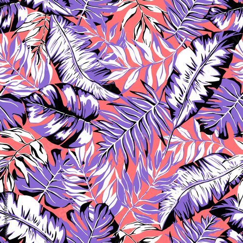 vector seamless bright colorful tropical pattern, split leaf, philodendron, rain forest nature, summer time holidays, active tropics background print