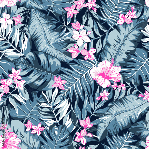 vector seamless bright colorful tropical pattern with flowers, split leaf, philodendron, rain forest nature, summer time holidays, active tropics background print