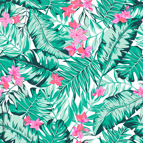 vector seamless bright colorful tropical pattern with flowers, split leaf, philodendron, rain forest nature, summer time holidays, active tropics background print