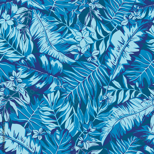 vector seamless bright colorful tropical pattern with flowers, split leaf, philodendron, rain forest nature, summer time holidays, active tropics background print