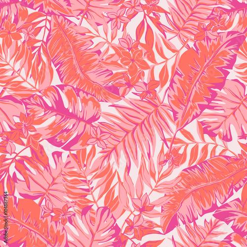vector seamless bright colorful tropical pattern with flowers, split leaf, philodendron, rain forest nature, summer time holidays, active tropics background print