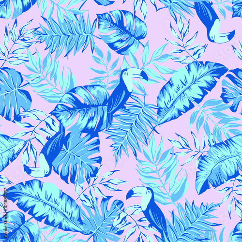 vector seamless bright colorful tropical pattern with bird tucan, split leaf, philodendron, rain forest nature, summer time holidays, active tropics background print