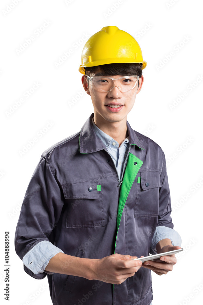 young handsome asian technician on white background young handsome asian technician on white background