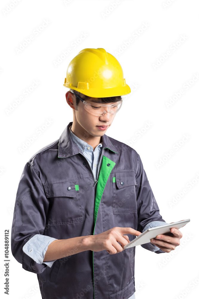 young handsome asian technician on white background young handsome asian technician on white background