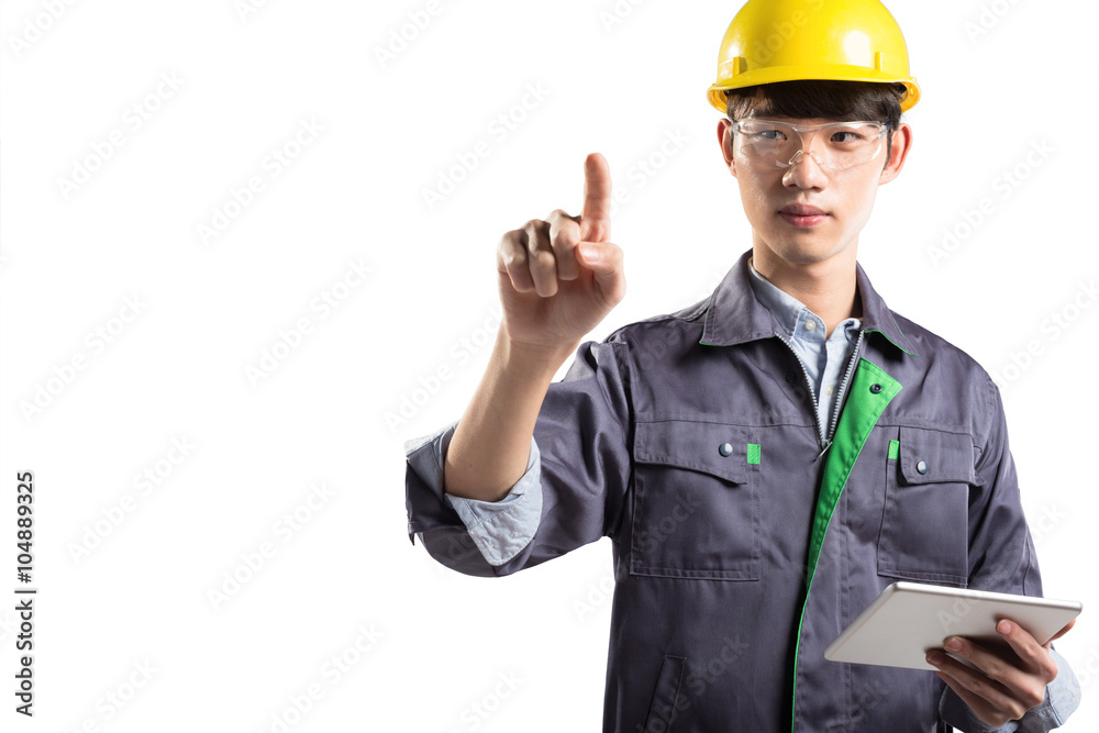 young handsome asian technician on white background