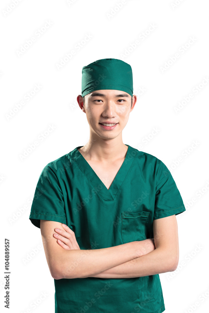 isolated asian young man doctor in green on white background isolated asian young man doctor in green on white background
