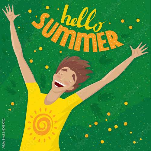 Laughing man lying on the grass with outspread arms and closed eyes - Summer Time concept