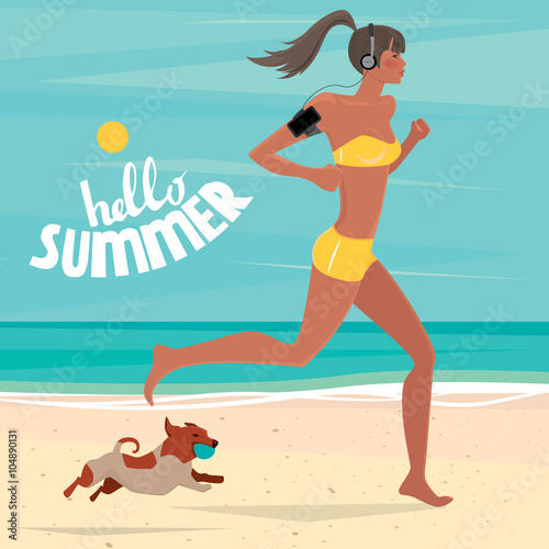 Sport woman with headphones and phone in armband running on the beach, and near a dog runs with the ball - Healthy lifestyle concept