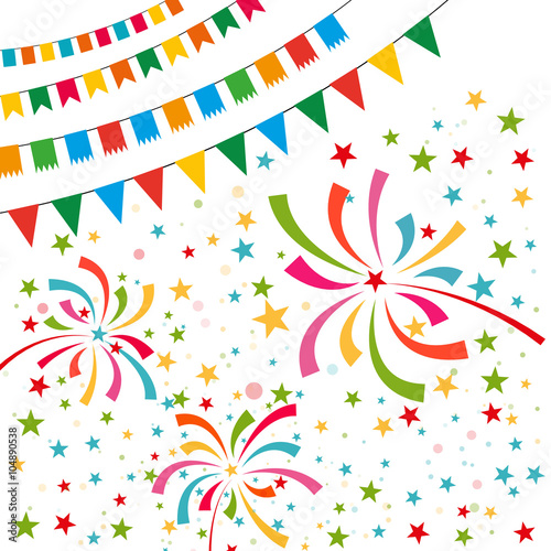 Color pennant bunting collection triangular and square red, yellow, blue, green, orange colors on white background with color firework around, vector iilustration, for web design. greeting card, party