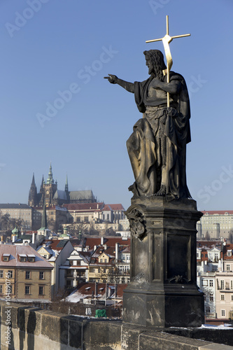 Winter Prague Charles Bridge with its baroque Sculpture and gothic Castle, Czech Republic