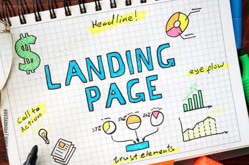 Quadro su tela Landing page written in a notebook. SEO concept.