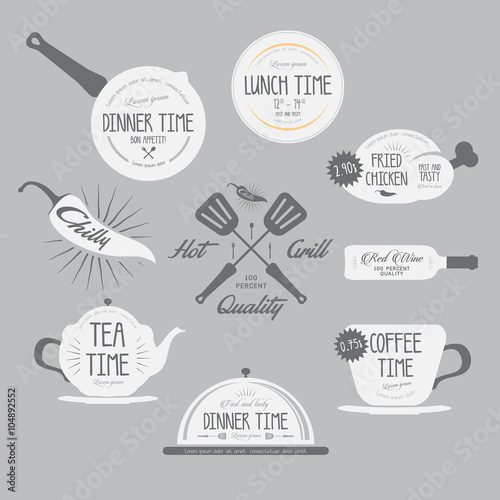 Set of badges and labels elements for restaurant. Lunch time. Re