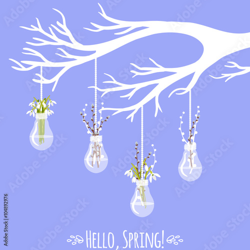 Vector illustration with tree branch, bulb, pussy willow and snowdrops