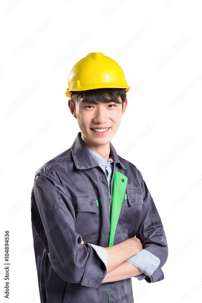 isolated young handsome asian technician on white background