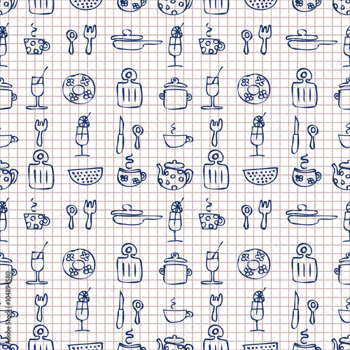 Seamless vector pattern. Checkered hand sketch drawn background with kitchenware. Series of Hand Drawn Seamless Patterns.