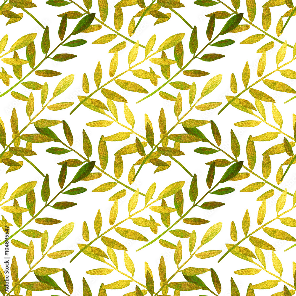 Golden and green hand-painted leaves on white background, seamless pattern Golden and green hand-painted leaves on white background, seamless pattern