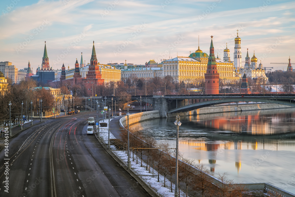 View from the Patriarch bridge on Prechistenskaya embankment and Moscow Kremlin in the morning