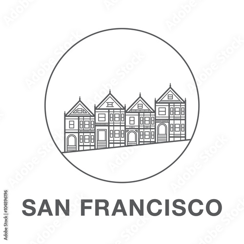 San Francisco street illustration with victorian houses made in line art style. World famous San Francisco houses.

