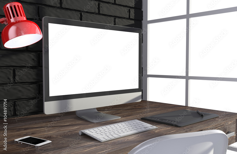 Fototapeta premium 3D illustration PC screen on table in office, Workspace