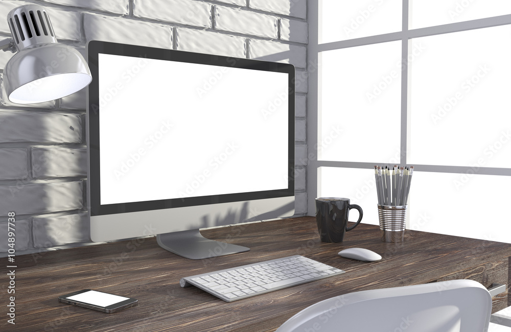 Fototapeta premium 3D illustration PC screen on table in office, Workspace