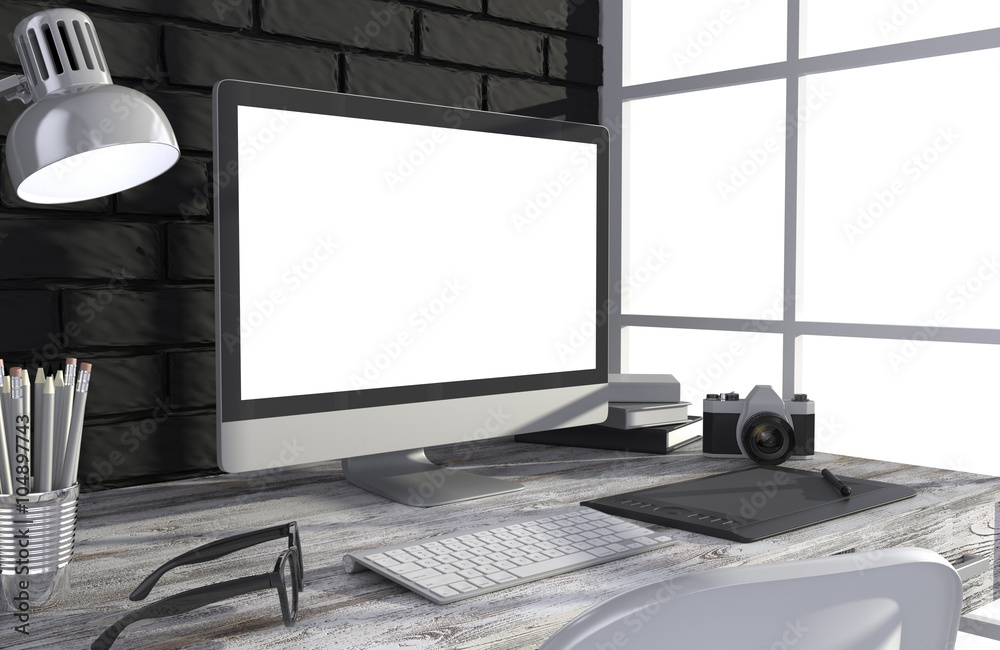 Fototapeta premium 3D illustration PC screen on table in office, Workspace