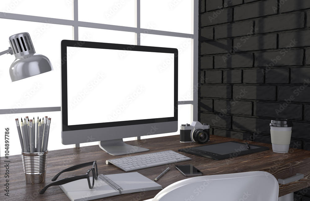 Fototapeta premium 3D illustration PC screen on table in office, Workspace