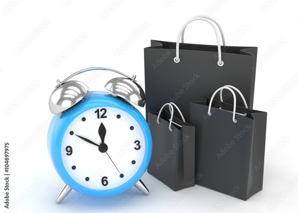 alarm clock and shopping bag (time to buy concept) alarm clock and shopping bag (time to buy concept)