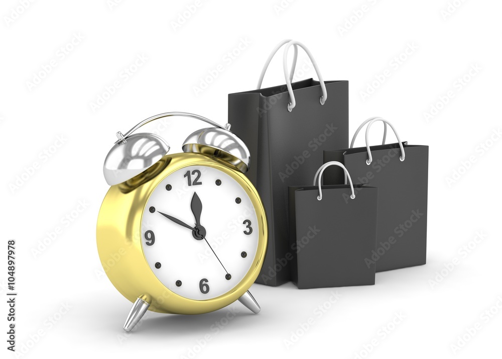 alarm clock and shopping bag (time to buy concept) alarm clock and shopping bag (time to buy concept)