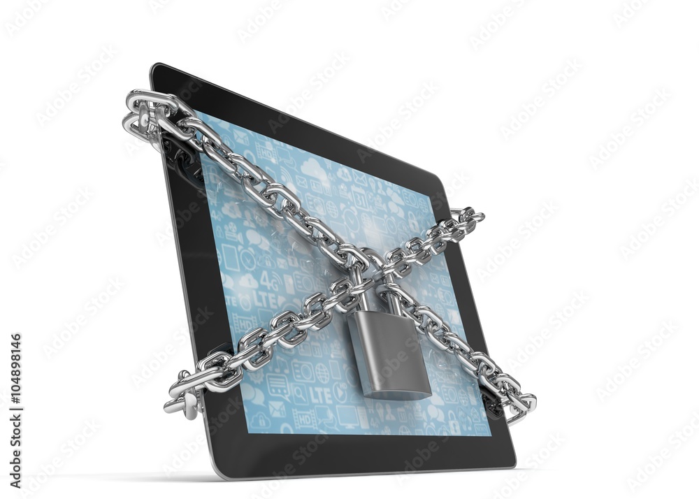 tablet PC with chains and lock isolated on white background tablet PC with chains and lock isolated on white background