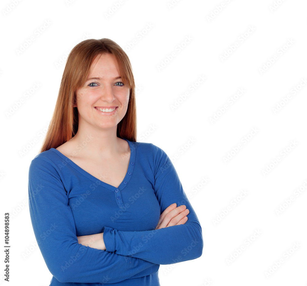 Attractive young woman with blue jersey Attractive young woman with blue jersey