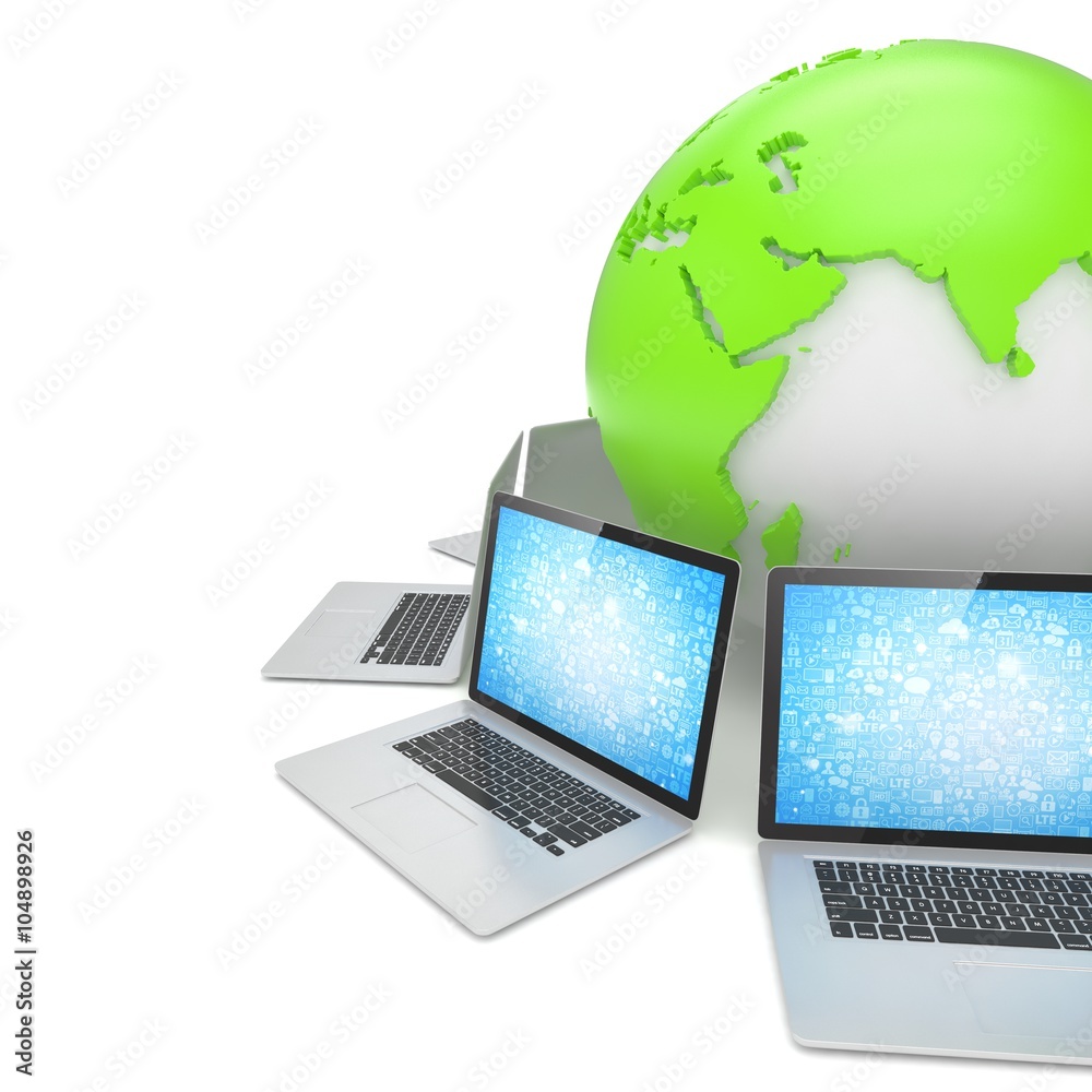 Laptop network around earth globe. 3d render Laptop network around earth globe. 3d render
