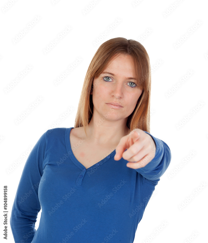 Young woman accused with his finger Young woman accused with his finger