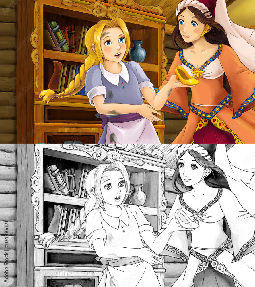 Cartoon scene with poor girl and princess sorceress - with coloring page -  illustration for the children Stock Illustration | Adobe Stock