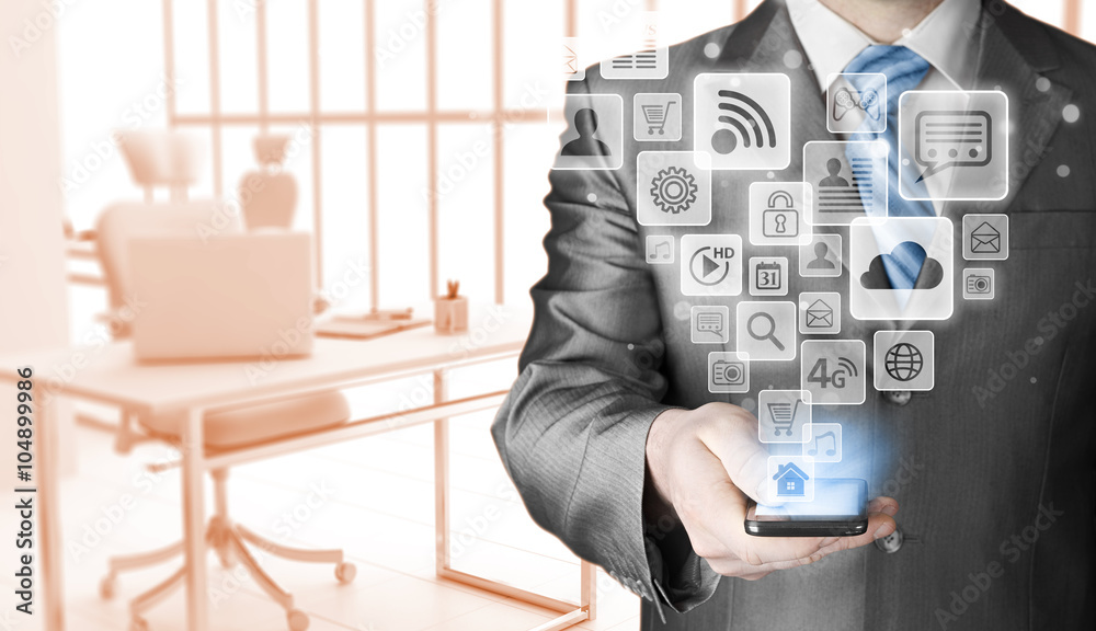Business man using smart phone with social media icon set Business man using smart phone with social media icon set