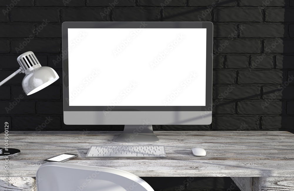 Fototapeta premium 3D illustration PC screen on table in office, Workspace