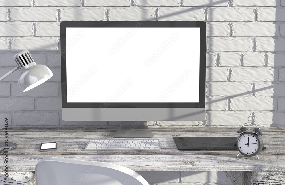 Fototapeta premium 3D illustration PC screen on table in office, Workspace