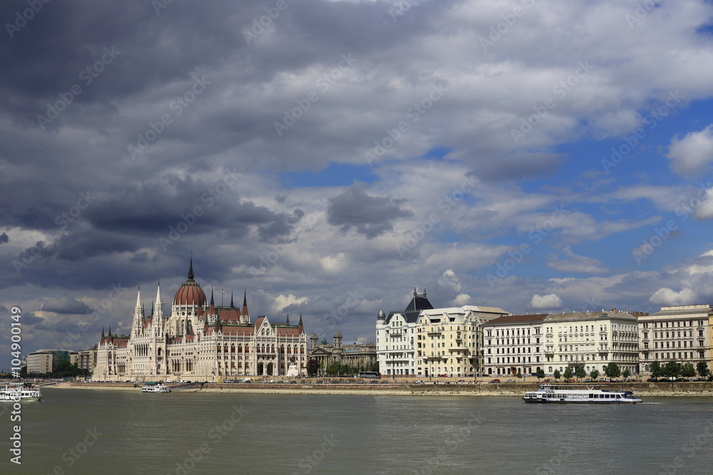 Budapest, Hungarian Parliament with boat on the Danube