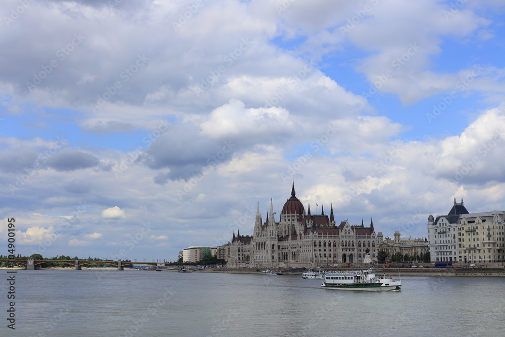 Budapest, Hungarian Parliament with boat on the Danube