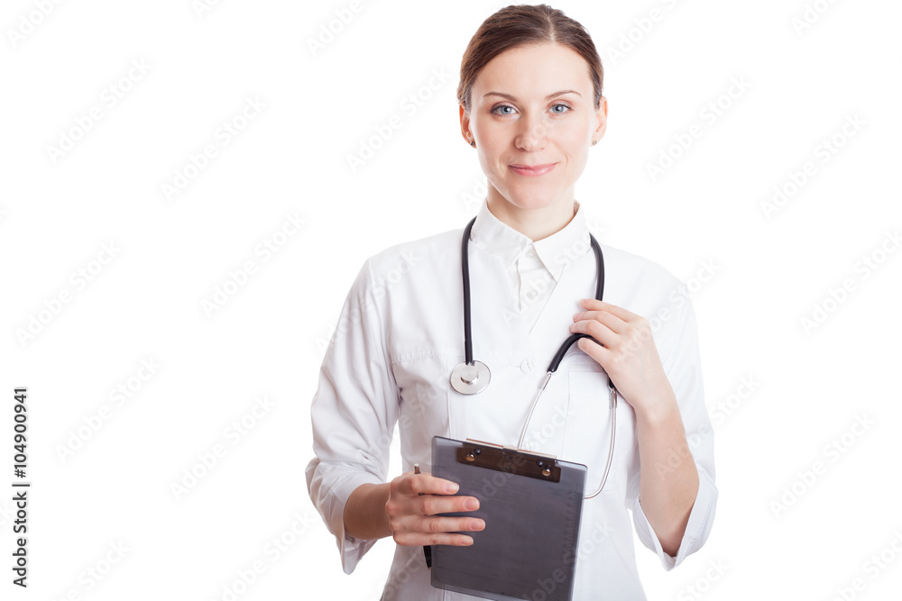 Beautiful doctor with a stethoscope and note Beautiful doctor with a stethoscope and note