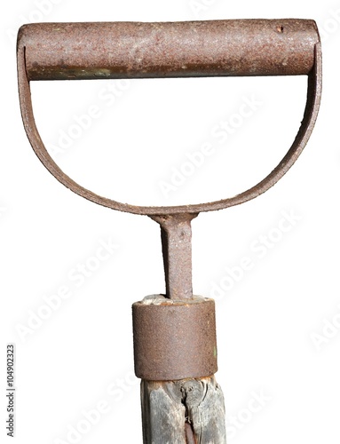 Fotografie Old rusty garden shovel handgrip isolated on white