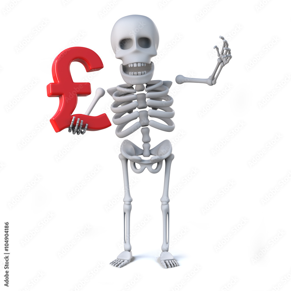 3d Skeleton holds a UK Pounds Sterling currency symbol 3d Skeleton holds a UK Pounds Sterling currency symbol