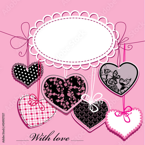 holiday background with black and pink ornamental hearts and ova