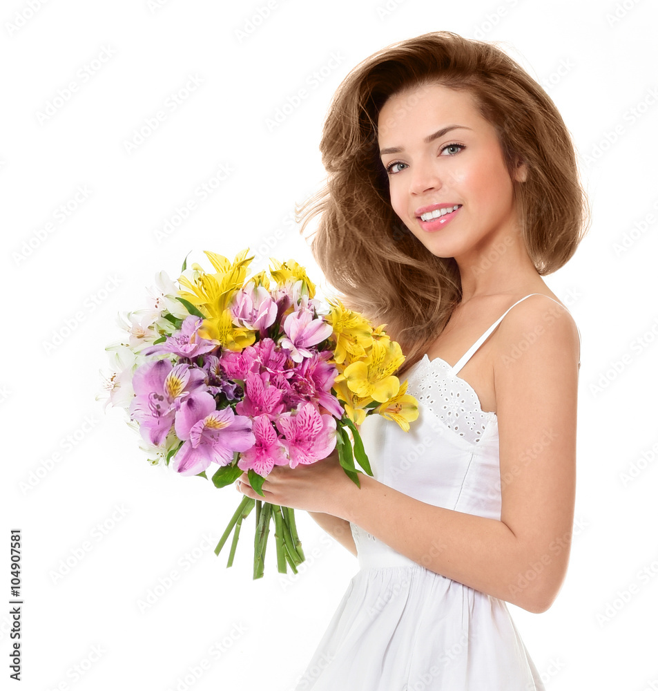 Woman with Spring Flower bouquet.  Mother's Day. Springtime