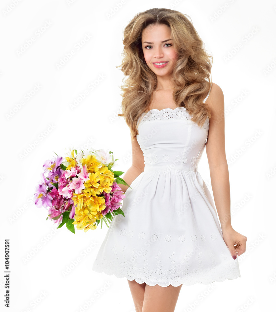 Woman with Spring Flower bouquet. Mother's Day. Springtime Woman with Spring Flower bouquet. Mother's Day. Springtime