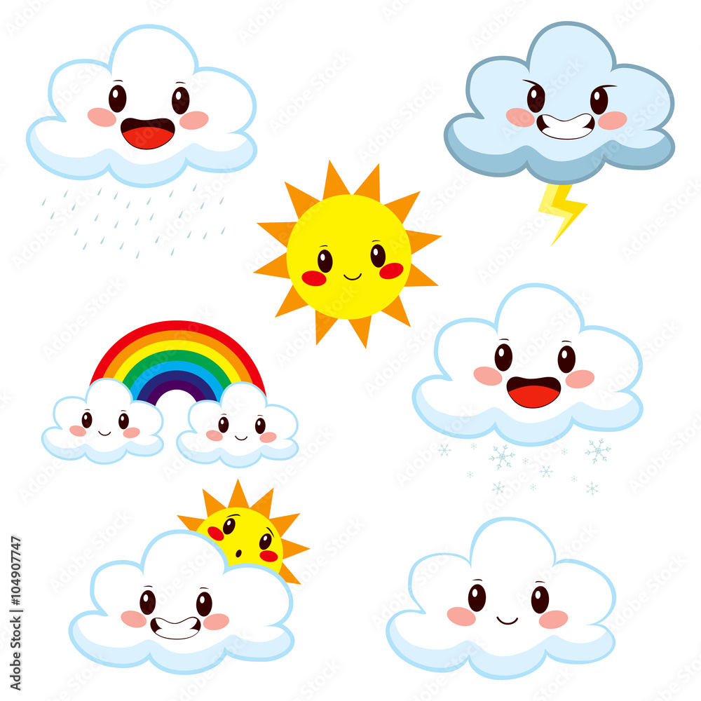 Obraz premium Collection of cute cartoon weather elements showing different meteorology concepts